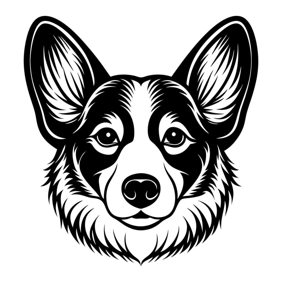 corgi dog icon. Black and white logo, dog silhouette, engraving style. vector