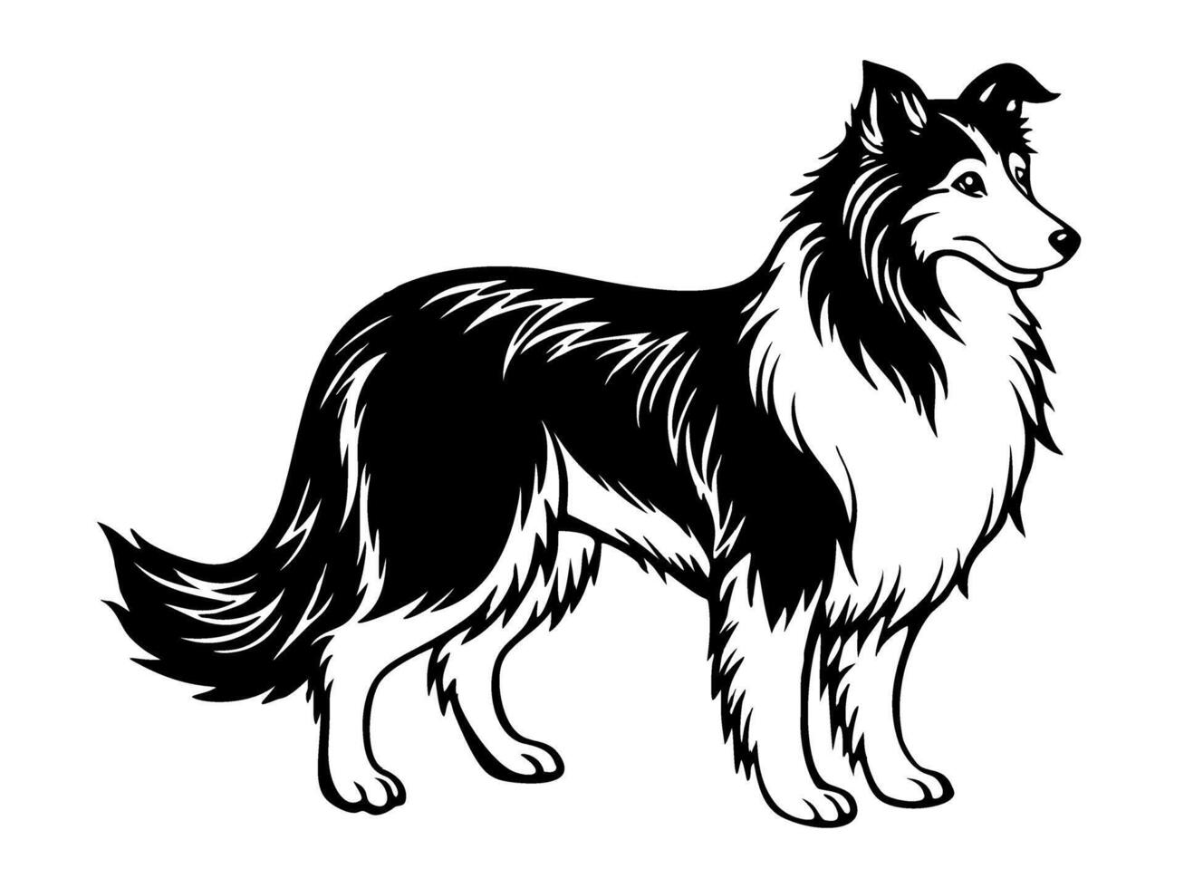 collie dog full body icon. Black and white logo, dog silhouette, engraving style. Pet character. illustration vector