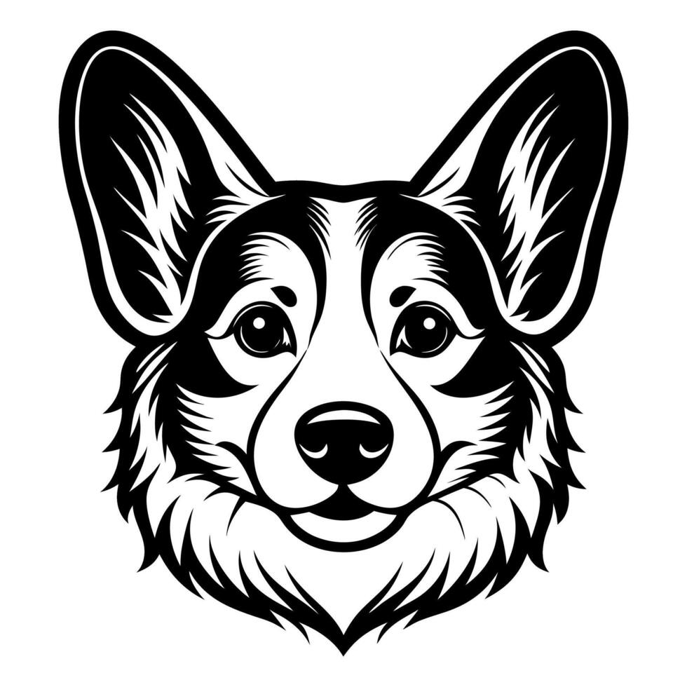 corgi dog icon. Black and white logo, dog silhouette, engraving style. Pet character. illustration vector