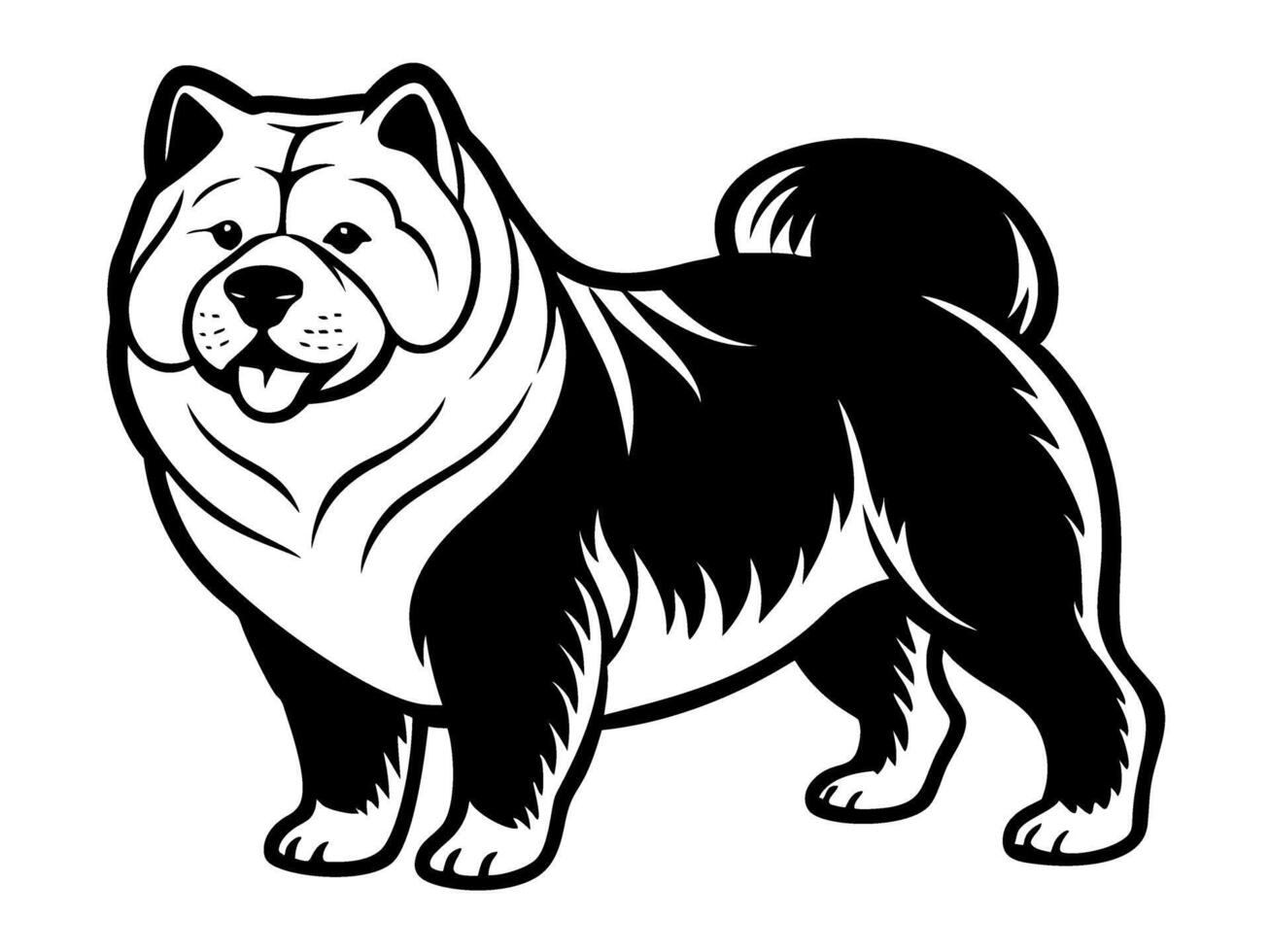 chow chow dog full body icon. Black and white logo, dog silhouette, engraving style. Pet character. illustration vector