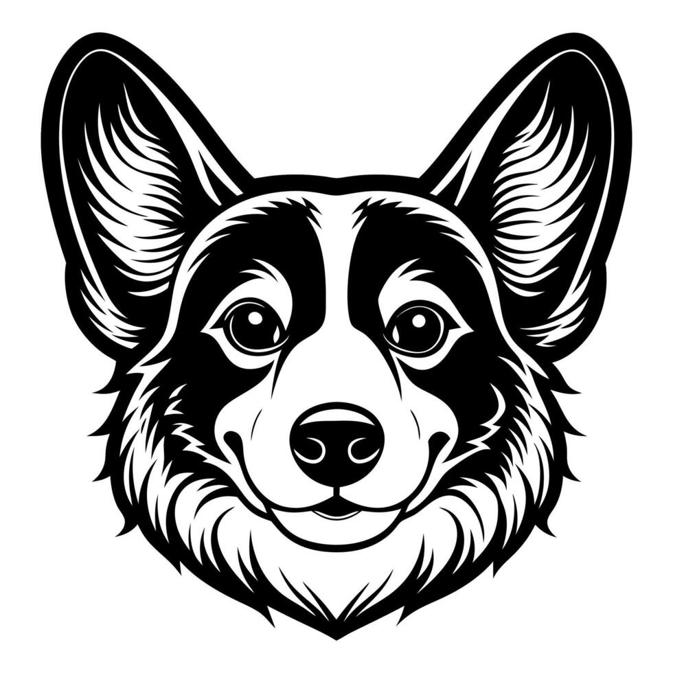 corgi dog icon. Black and white logo, dog silhouette, engraving style. Pet illustration vector