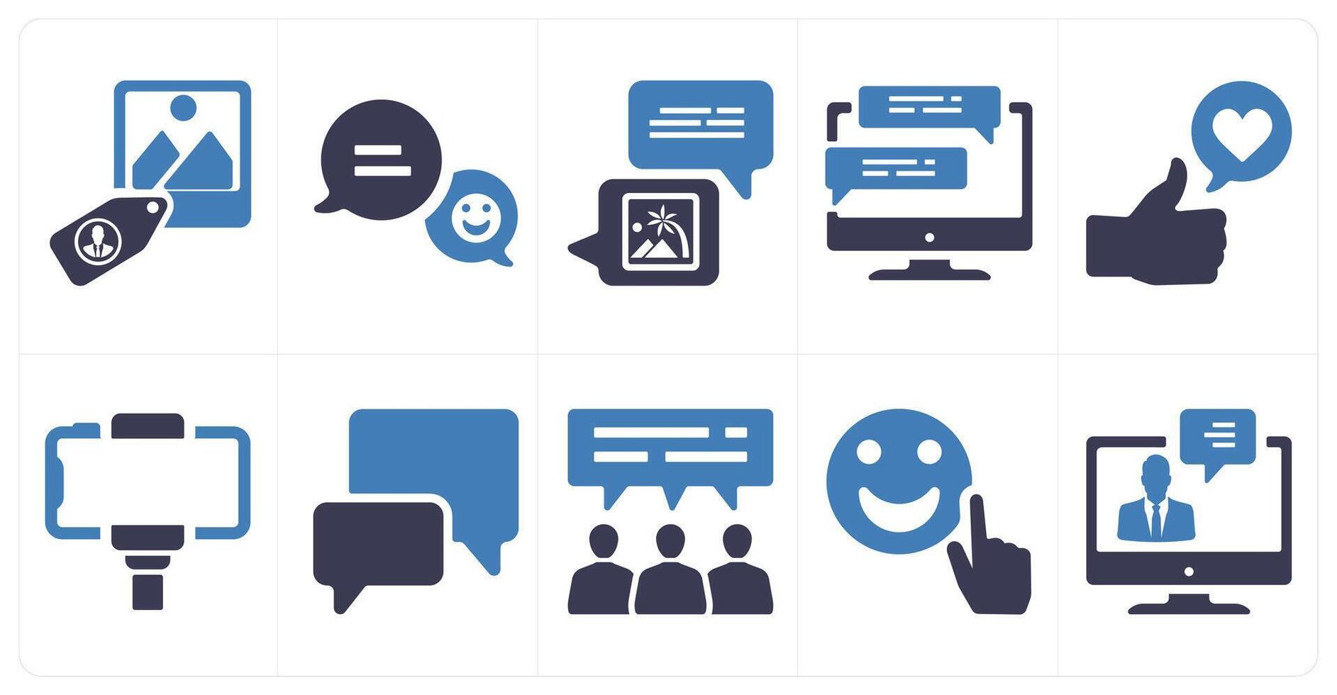 A set of 10 social icons as tag photo, smiley feedback, photo comment vector