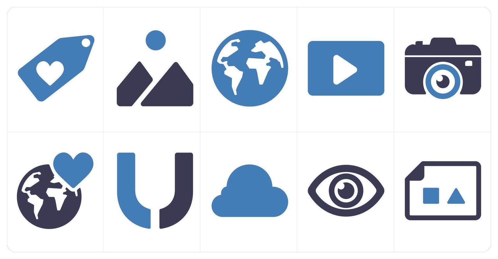 A set of 10 ui icons as tag love, mountain, world vector