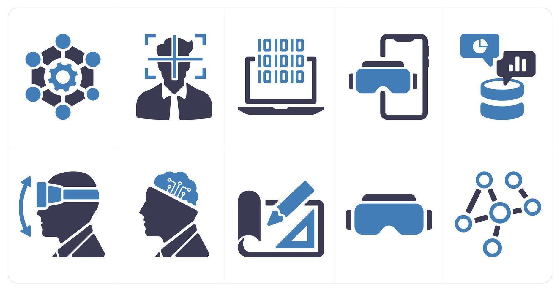 A set of 10 Virtual Reality icons as framework, head tracking, software vector