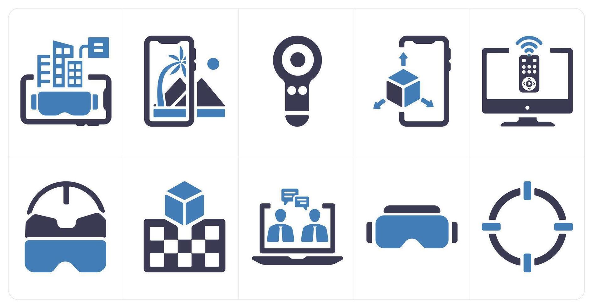 A set of 10 Virtual Reality icons as vr application, controllers, 3d display vector
