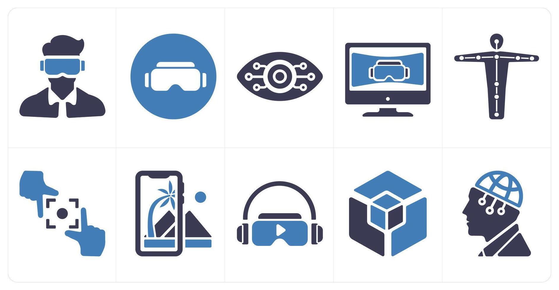 A set of 10 Virtual Reality icons as oculus vr, emotion, cyber eye vision vector