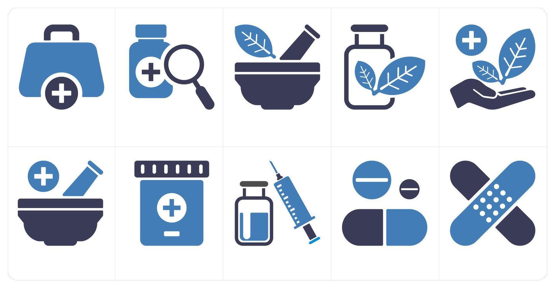 A set of 10 medical icons as first aid kit, search for drug, naturopathy vector