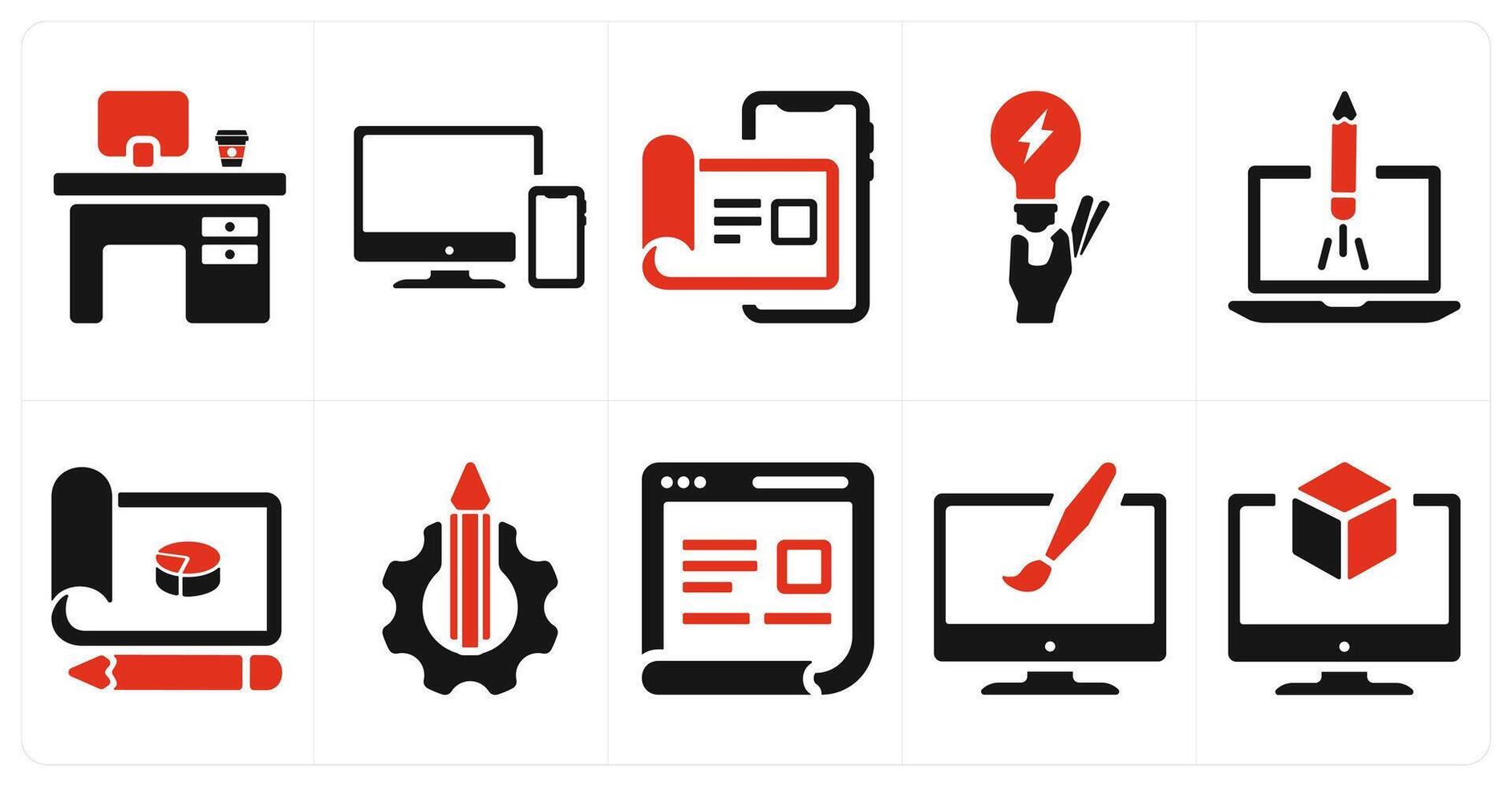 A set of 10 design and creativity icons as office desc, responsive, user details vector