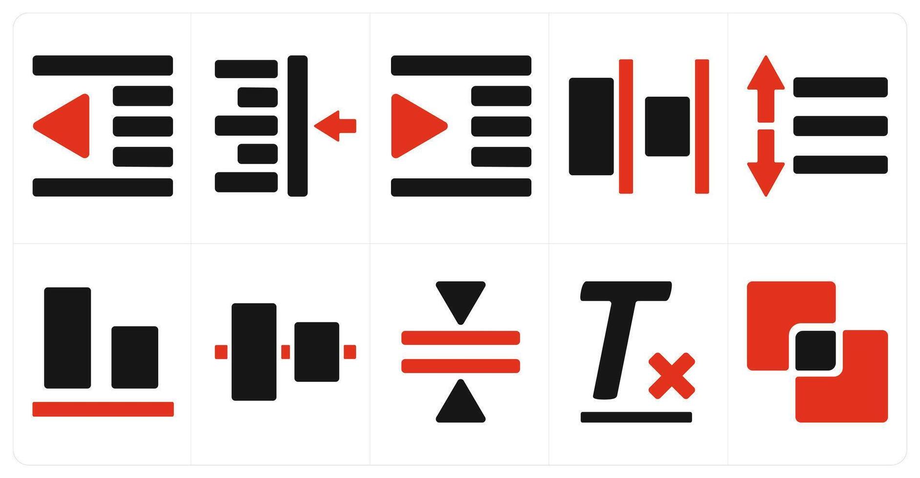A set of 10 editing tools icons as left indent, left align, right indent vector