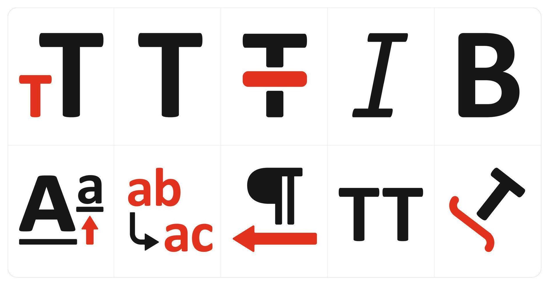 A set of 10 editing tools icons as text size, text, line through, italic vector