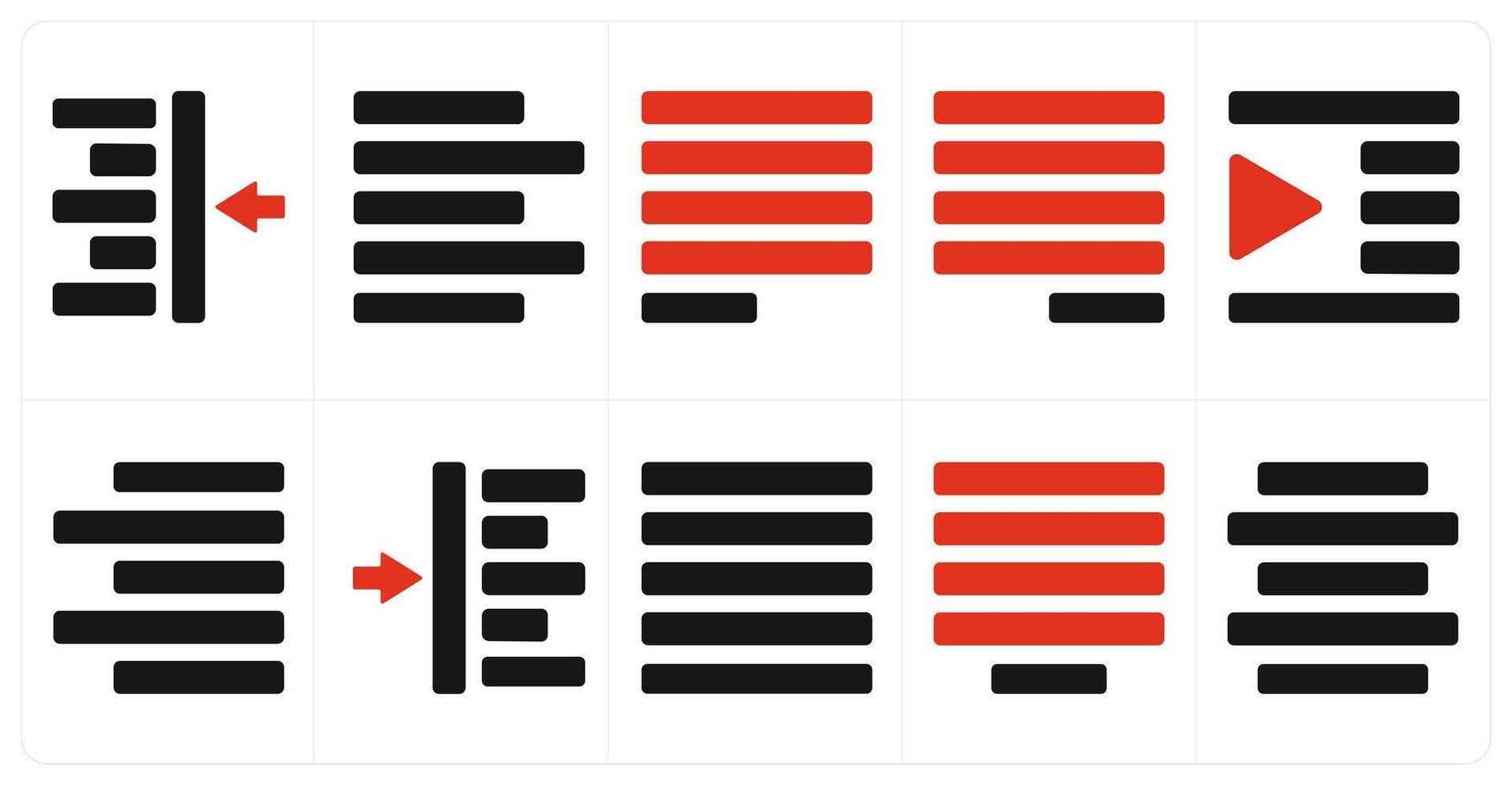 A set of 10 editing tools icons as left align, text align left, left justified vector