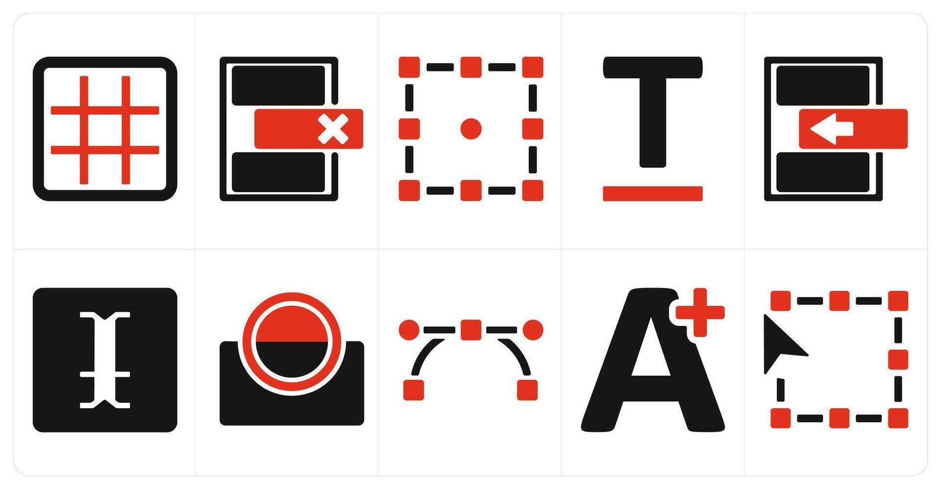 A set of 10 editing tools icons as grid, delete row, transform vector
