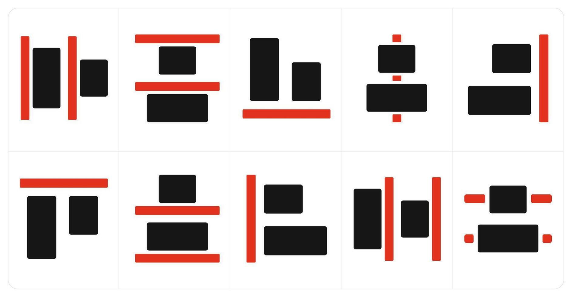 A set of 10 editing tools icons as left align, top align, bottom align vector