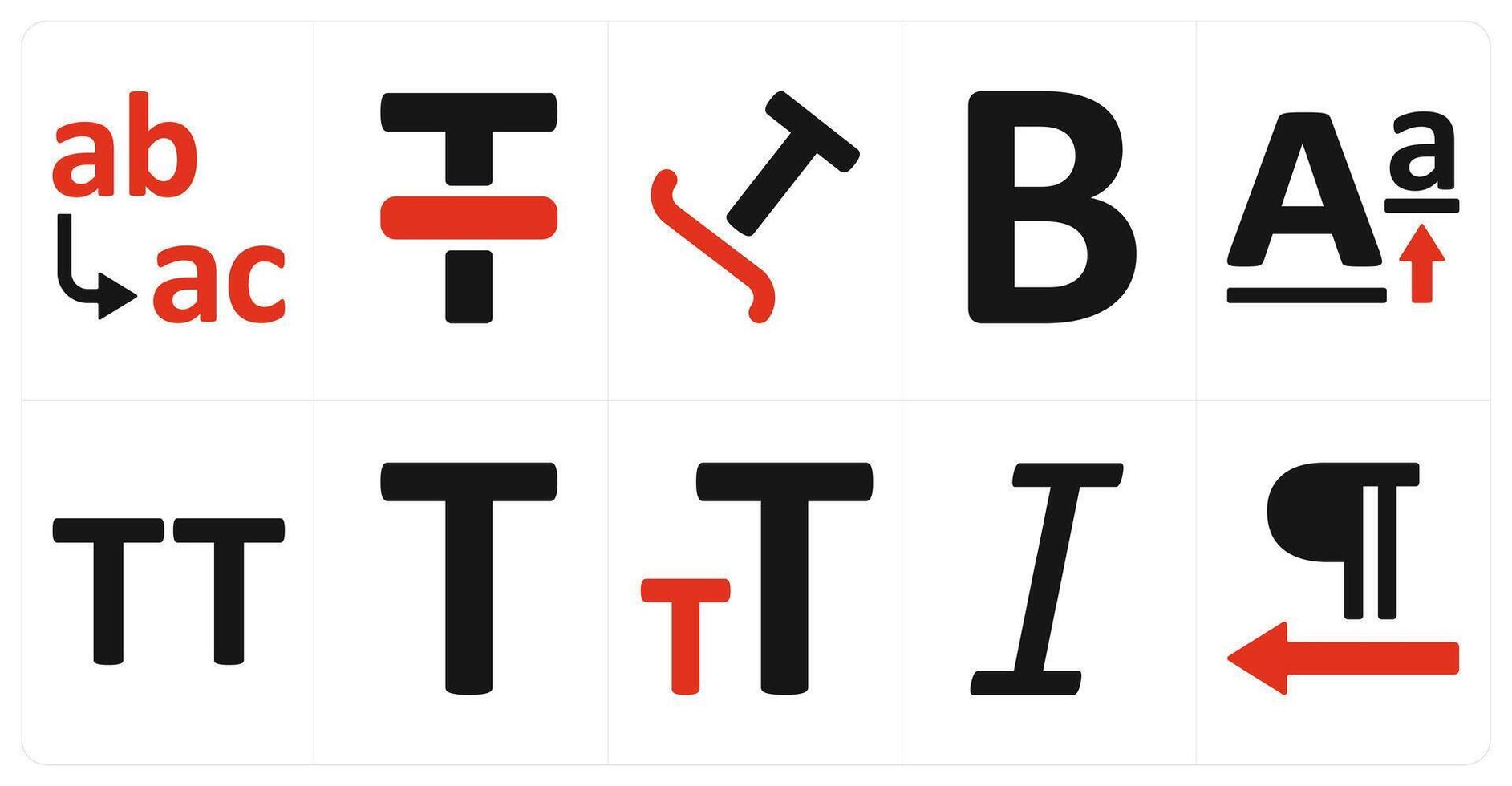 A set of 10 editing tools icons as merge cell below, line through, taxt path vector