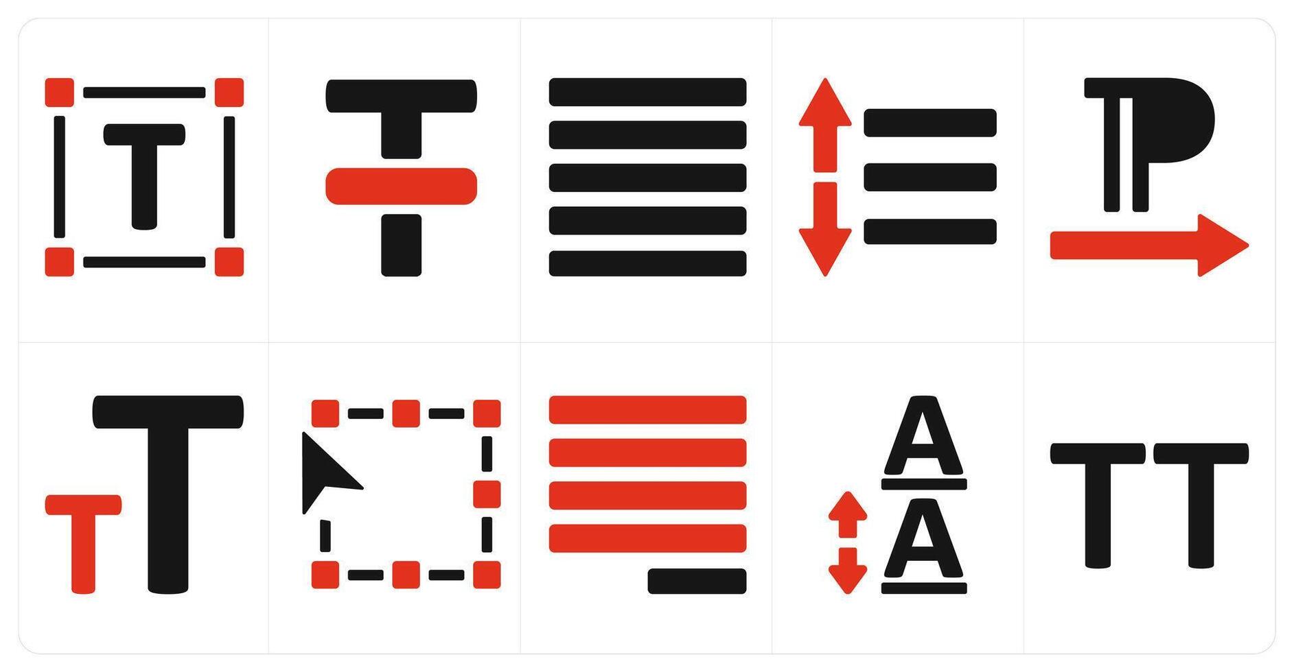 A set of 10 editing tools icons as text area, line through, justified vector