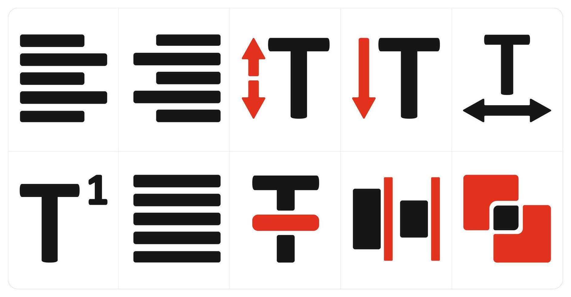 A set of 10 editing tools icons as text align left, text align right, text size vector