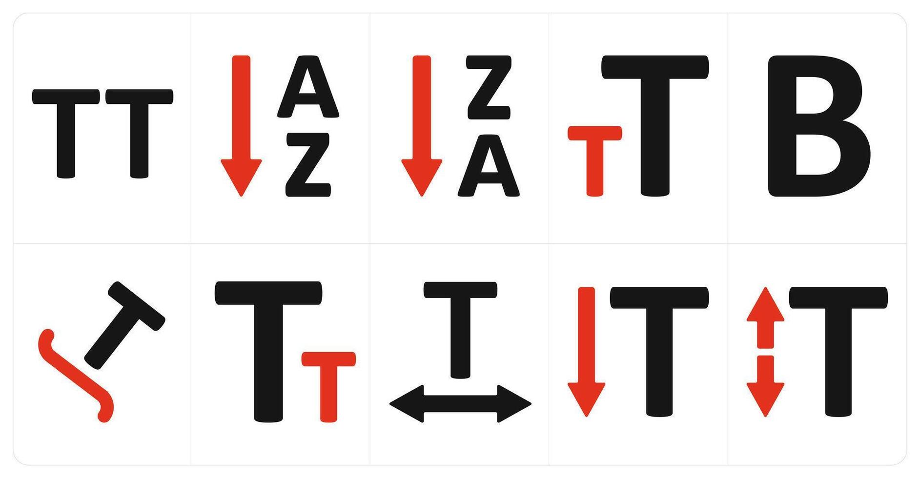 A set of 10 editing tools icons as capital letter, ascending sorting, descending sorting vector