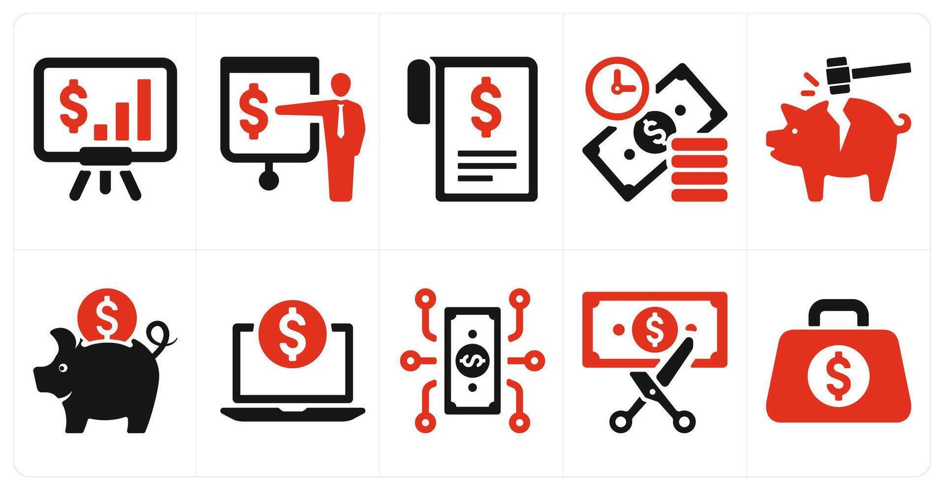A set of 10 finance and money icons as revenue presentation, presentation, invoice vector