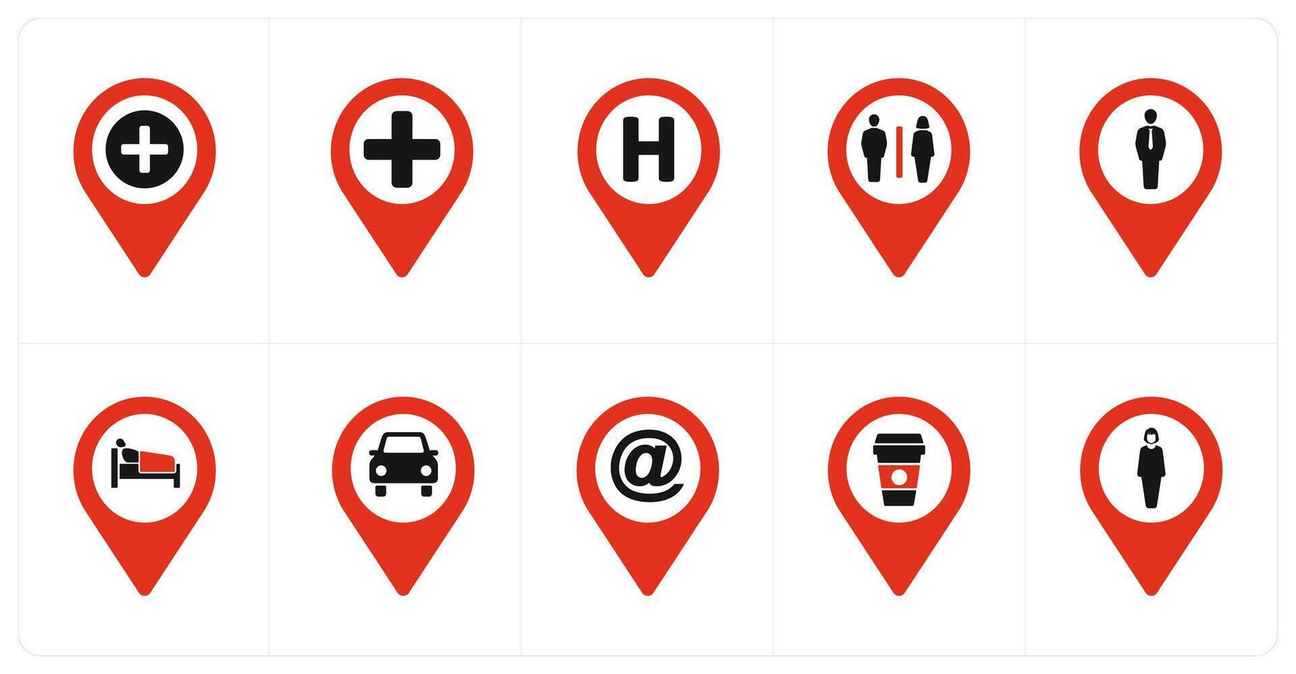 A set of 10 Location Pointer icons as hospital, hospital location, washroom vector