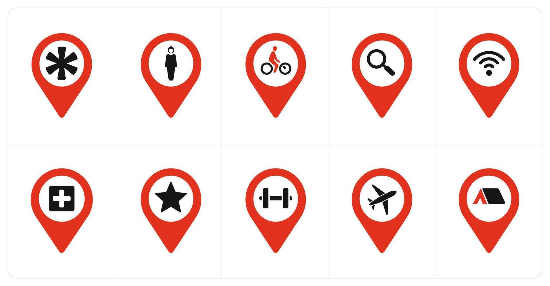 A set of 10 Location Pointer icons as asterix, female, cycling vector