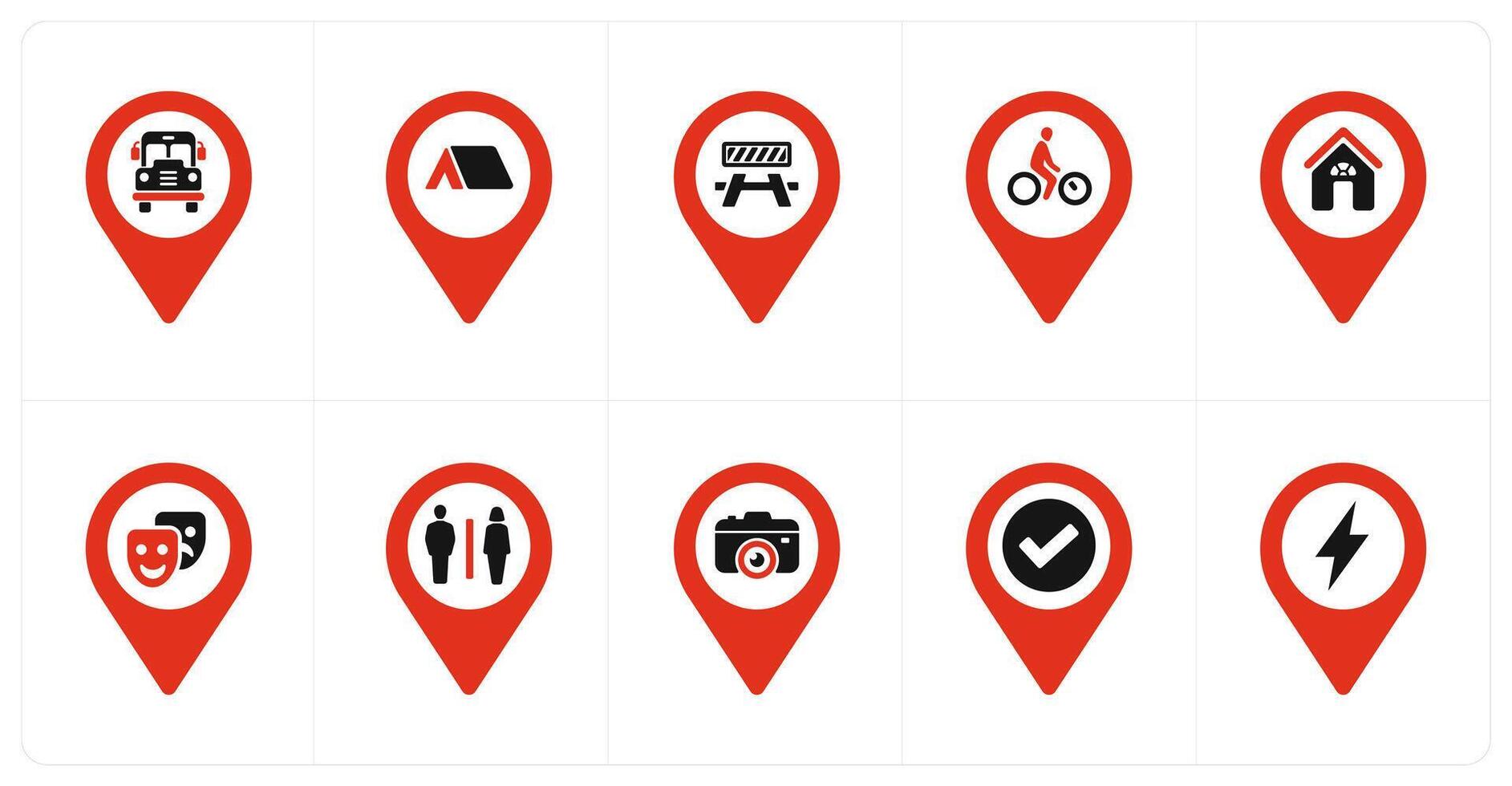A set of 10 Location Pointer icons as bus station, home, barrier vector