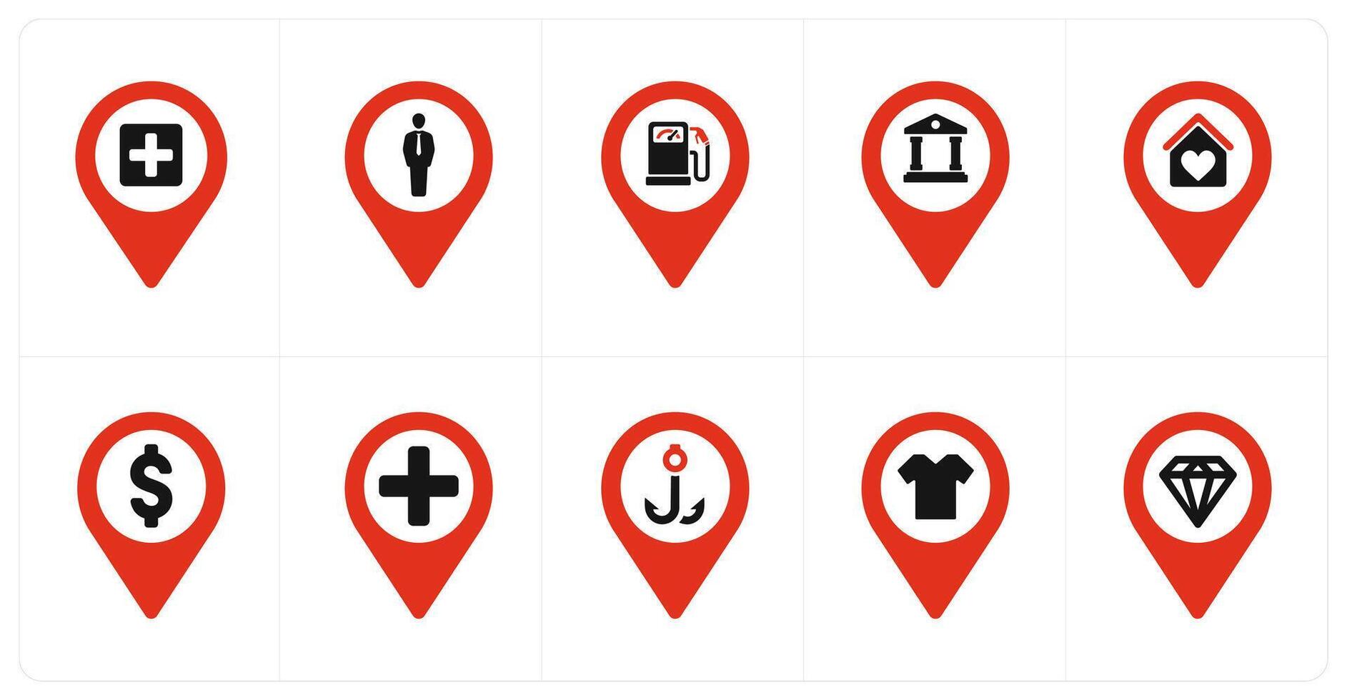 A set of 10 Location Pointer icons as hospital, human, petrol pump vector