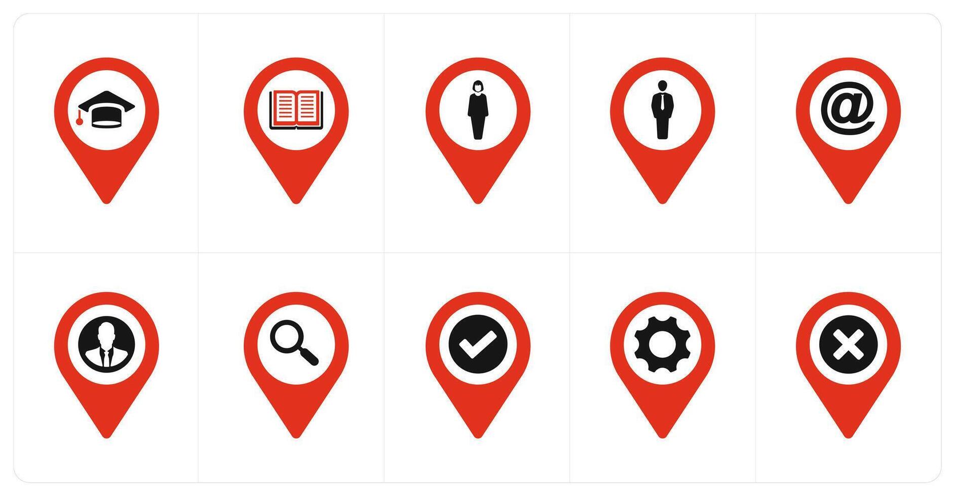 A set of 10 Location Pointer icons as graduation, library, female vector