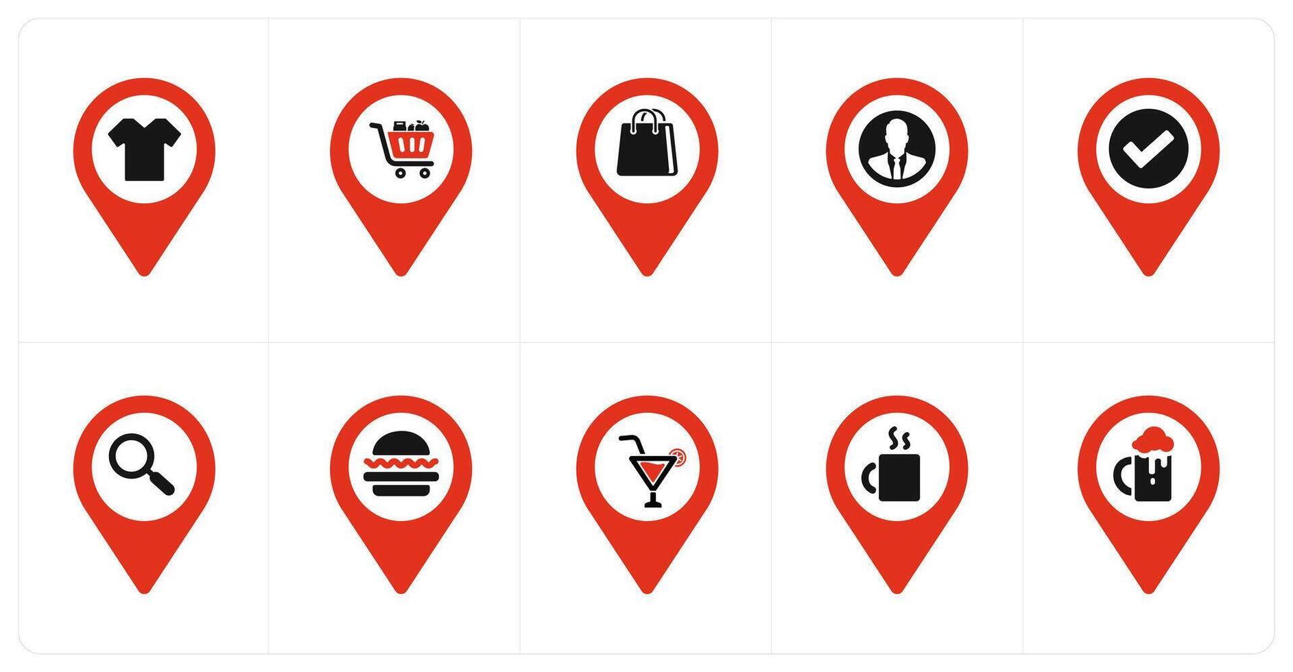 A set of 10 Location Pointer icons as shopping, shopping cart, shopping bag vector