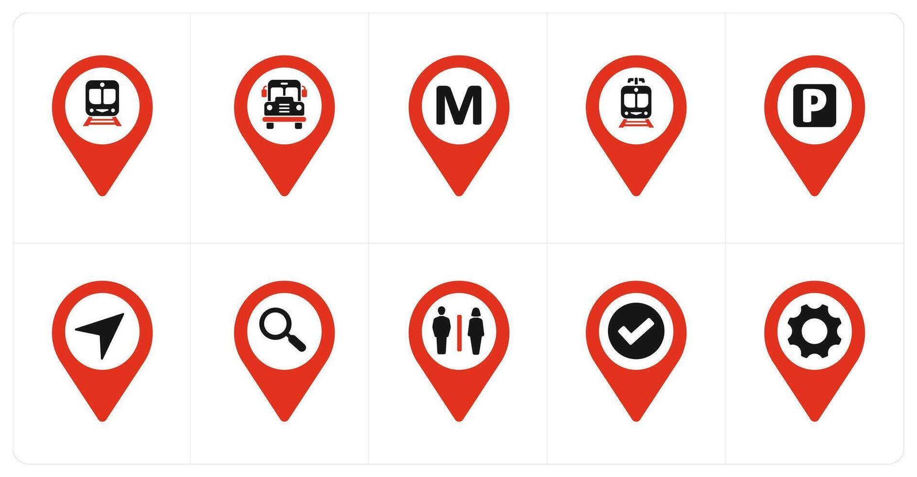 A set of 10 Location Pointer icons as train, bus station, metro station vector