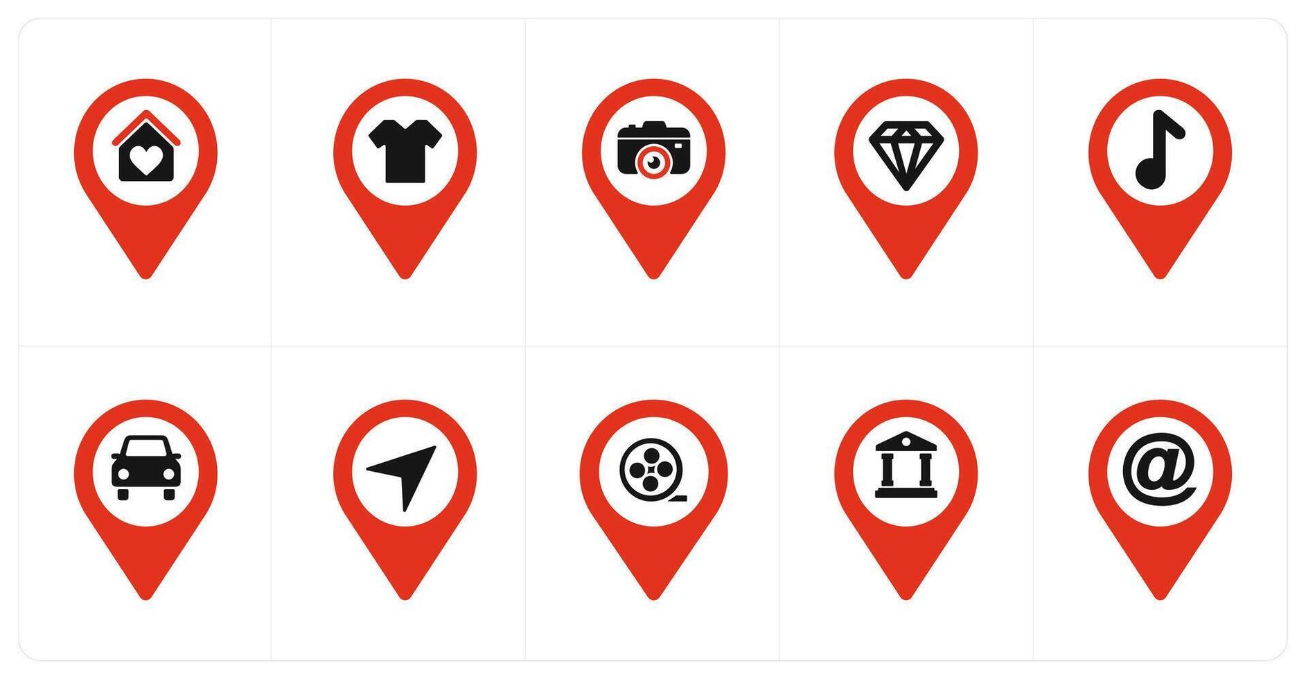 A set of 10 Location Pointer icons as house, shopping, camera vector