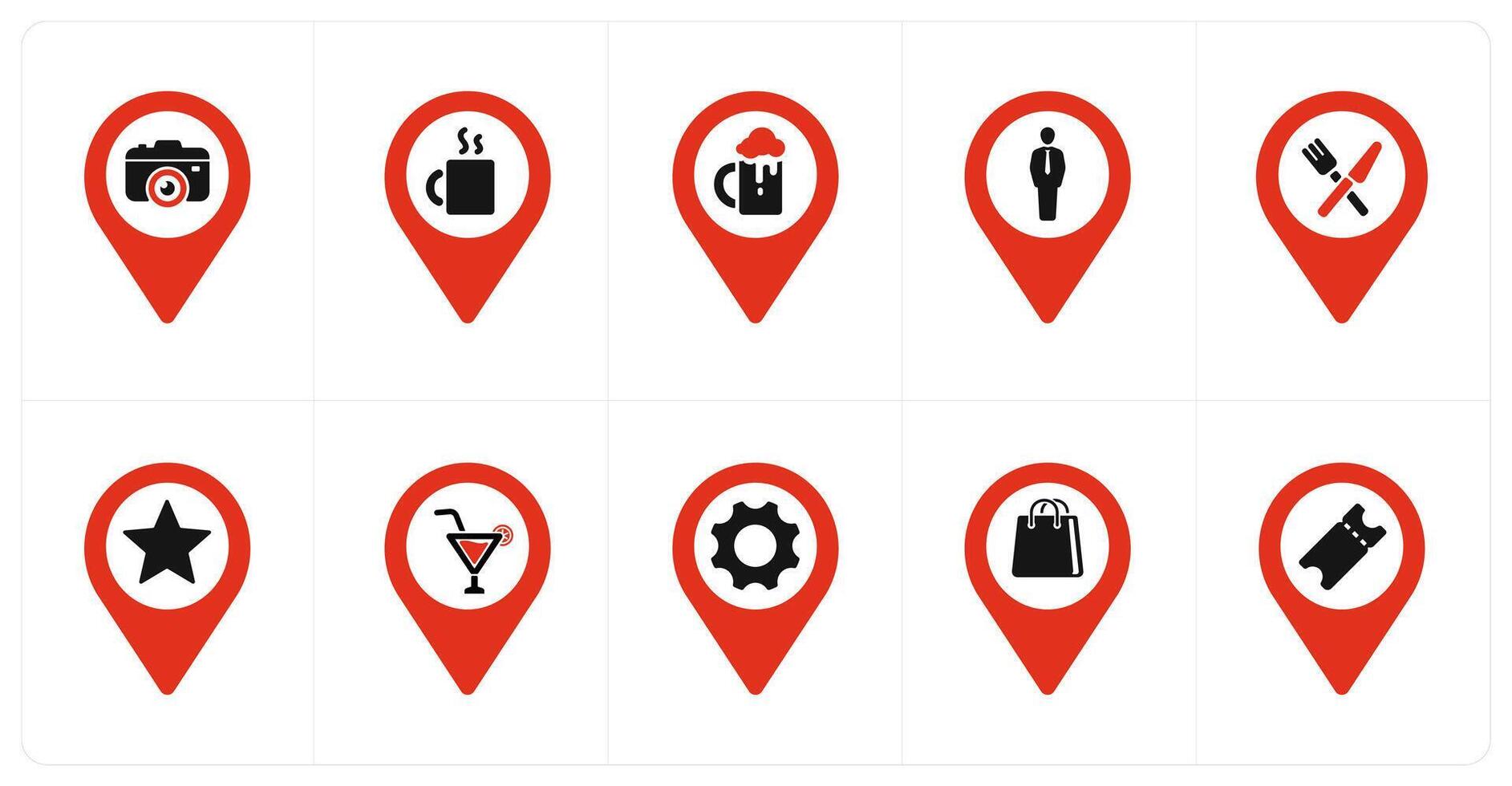 A set of 10 Location Pointer icons as camera, beverage, bar vector