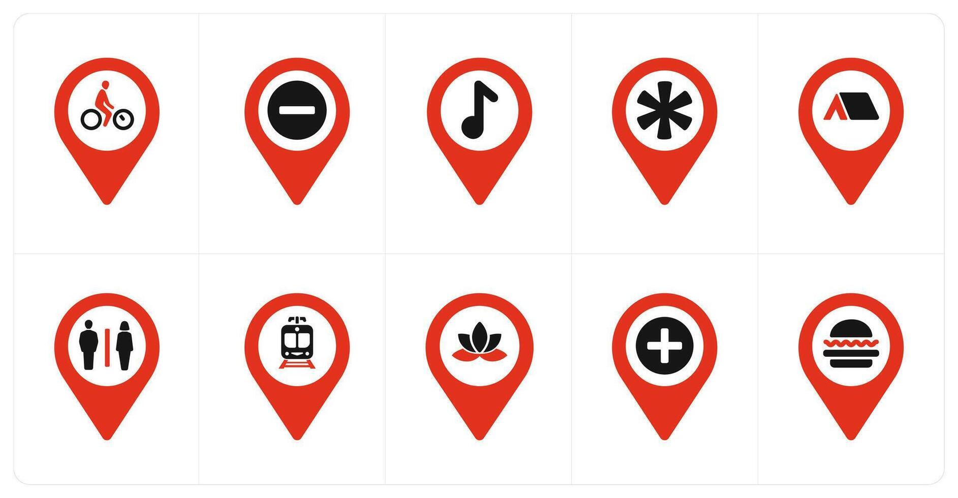 A set of 10 Location Pointer icons as cycling, trash, audio vector