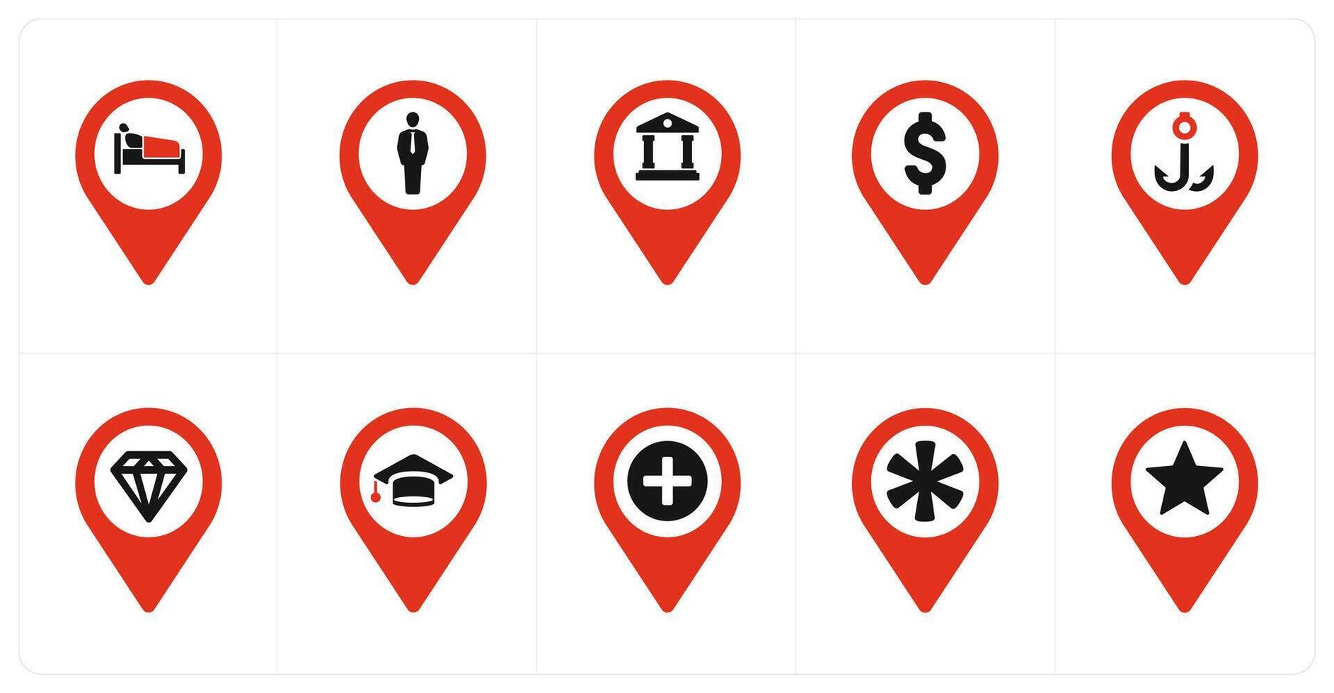 A set of 10 Location Pointer icons as rest house, human, bank vector