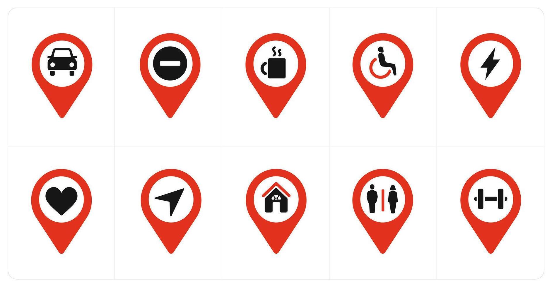 A set of 10 Location Pointer icons as car parking, trash, beverage vector