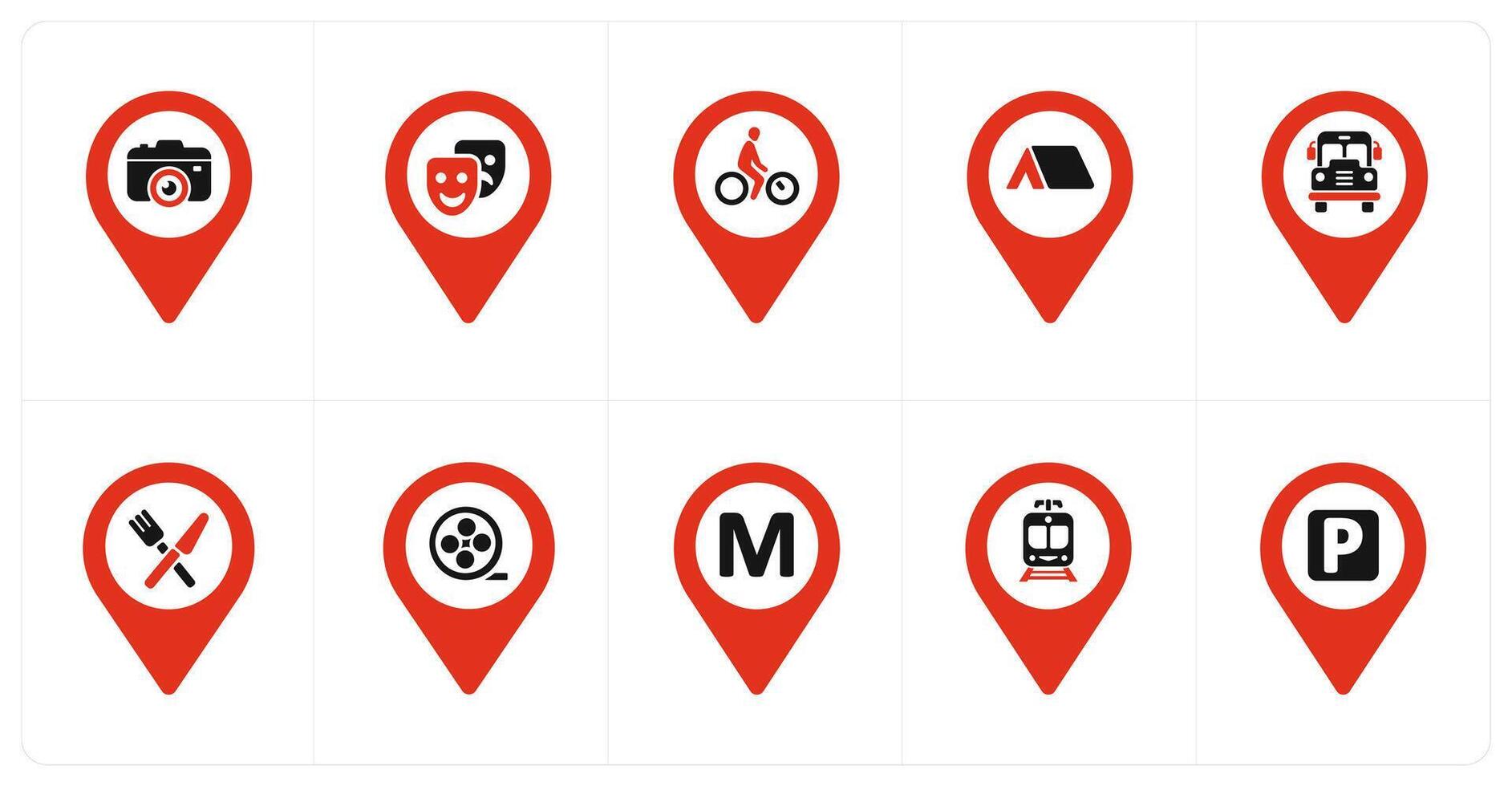 A set of 10 Location Pointer icons as camera, comedy, cycling vector
