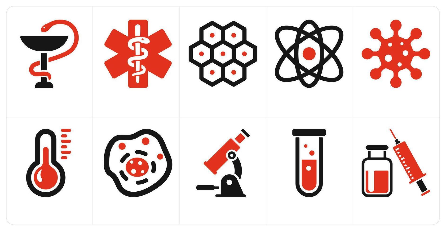 A set of 10 medical icons as pharmacy sign, caduceus, cell, atom vector