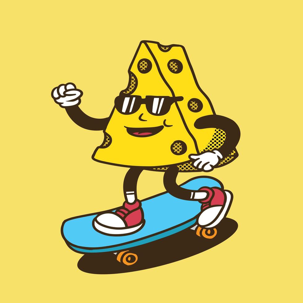 mascot character cheese with skateboard good for food branding, cafe, restaurant, and company, groovy character, retro style, mascot vintage vector