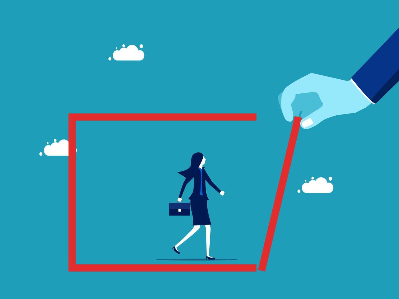 a hand is holding a red line to a woman walking in a box vector