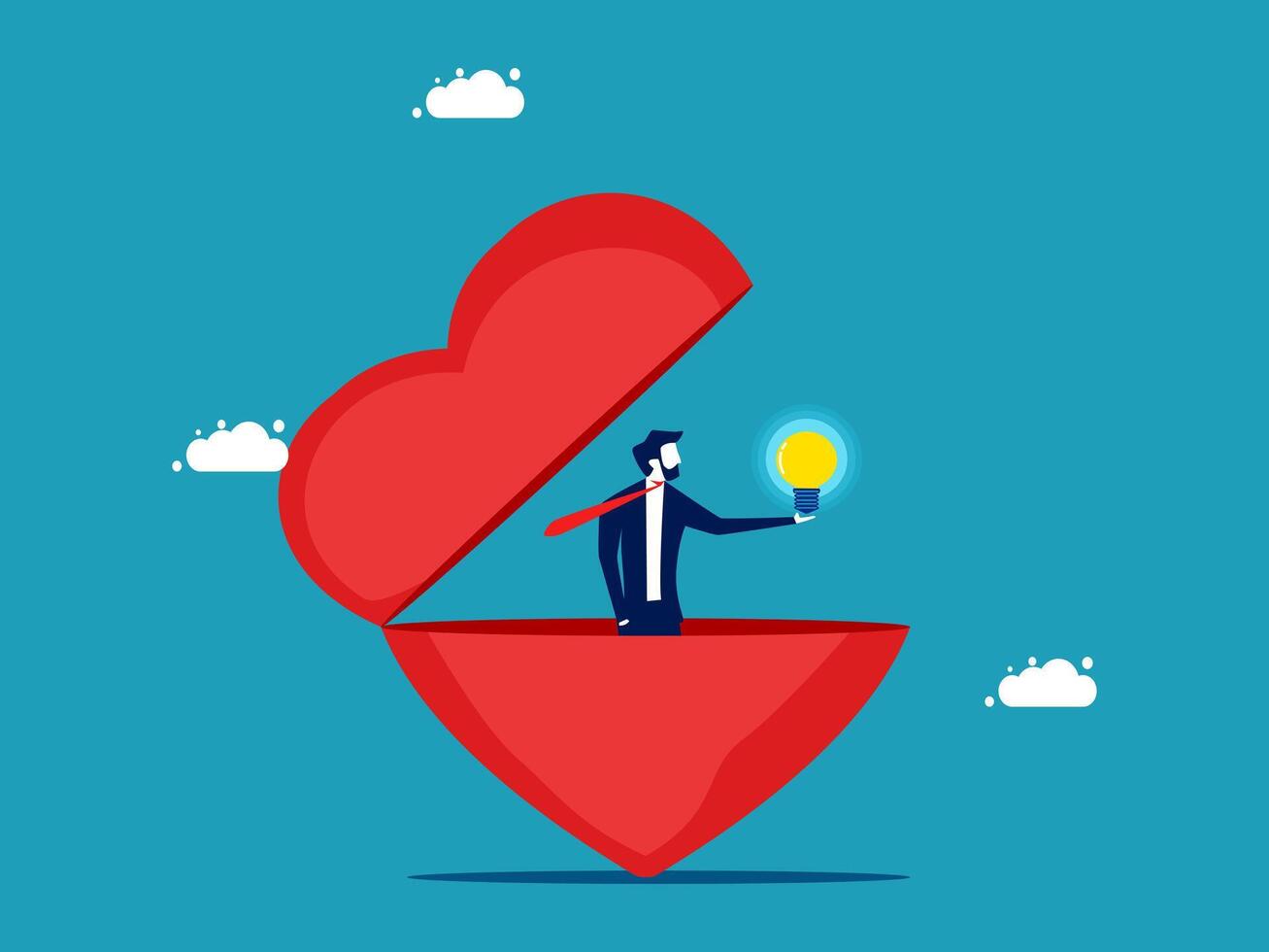 man inside a heart with light bulb, concept of love, relationship, friendship, business, entrepreneur vector