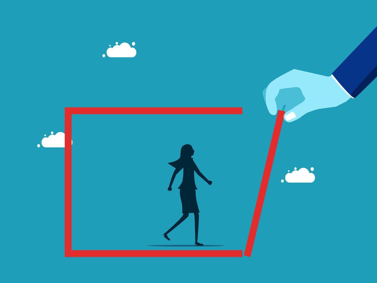 a hand is holding a red line to businesswoman walking in a box vector