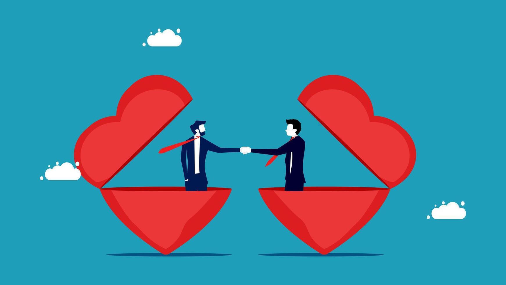 two businessmen shaking hands in a heart shape vector