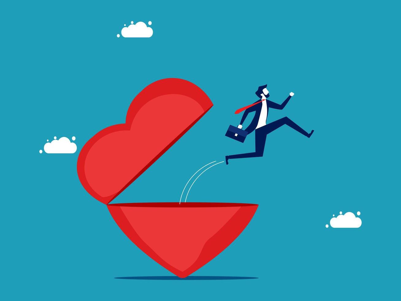 businessman jumping out of a heart shaped box vector