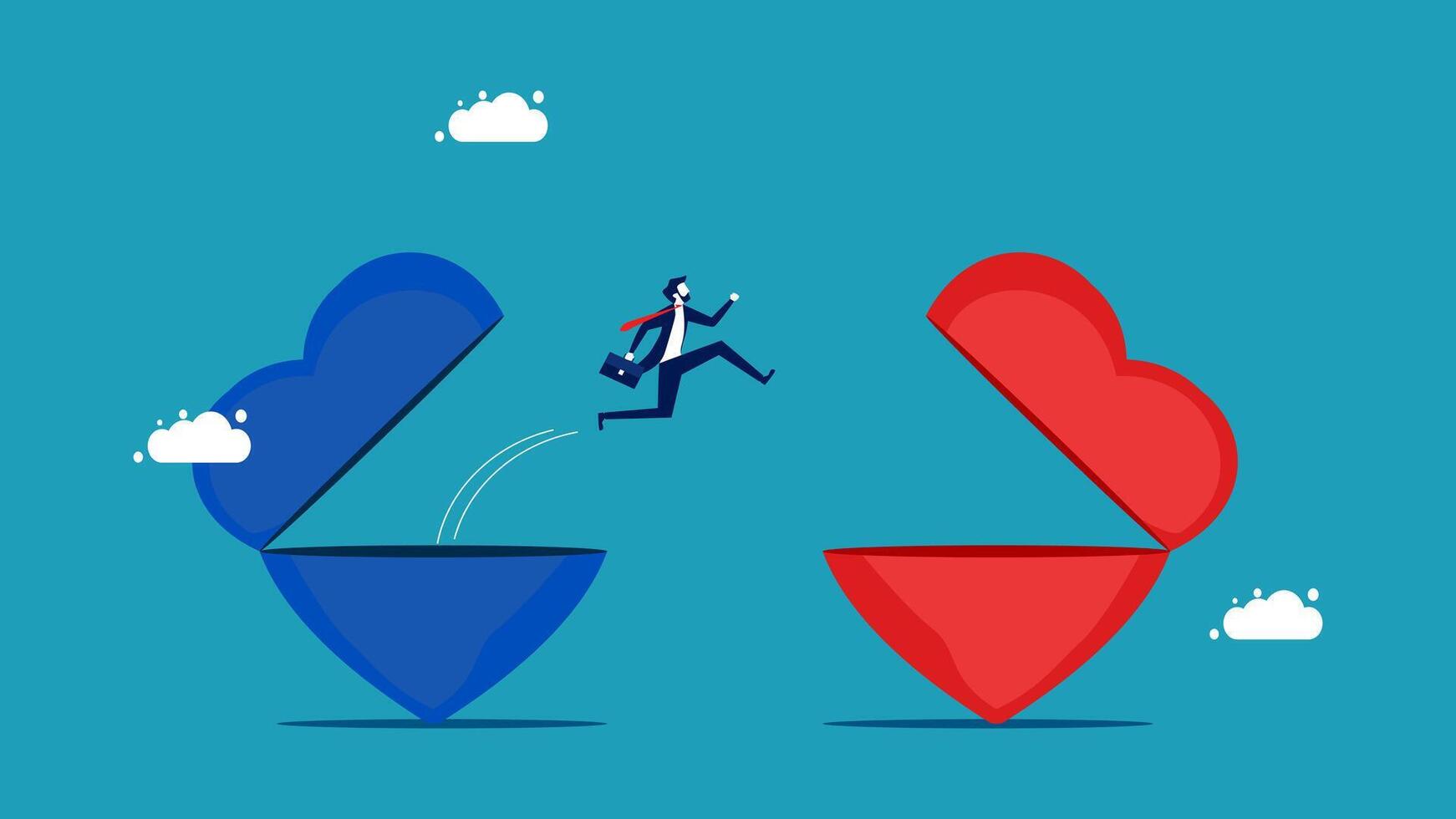 businessman running away from heart shaped boxes vector