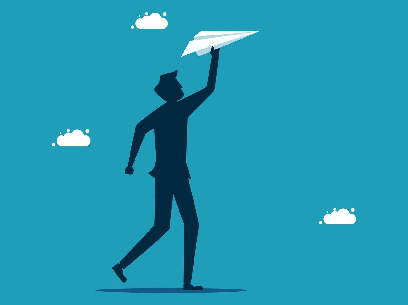 businessman flying paper airplane with cloud background vector