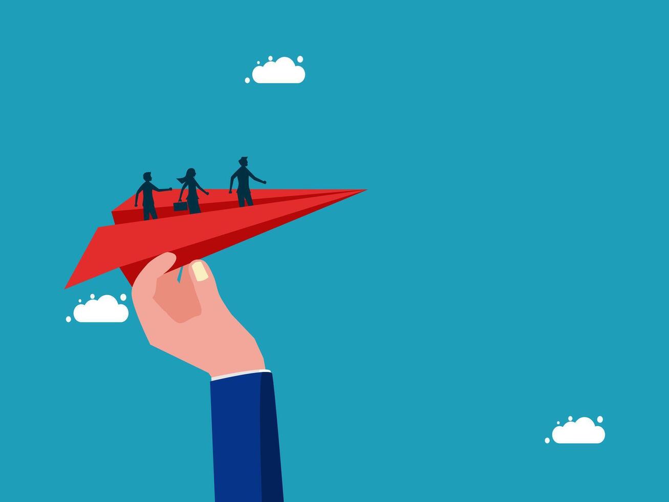 hand holding paper airplane with people on it vector