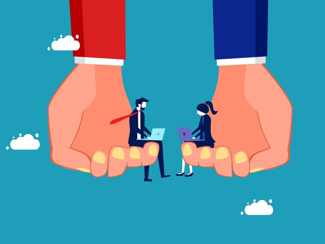 two people holding hands with a laptop on one hand and a business suit on the other vector