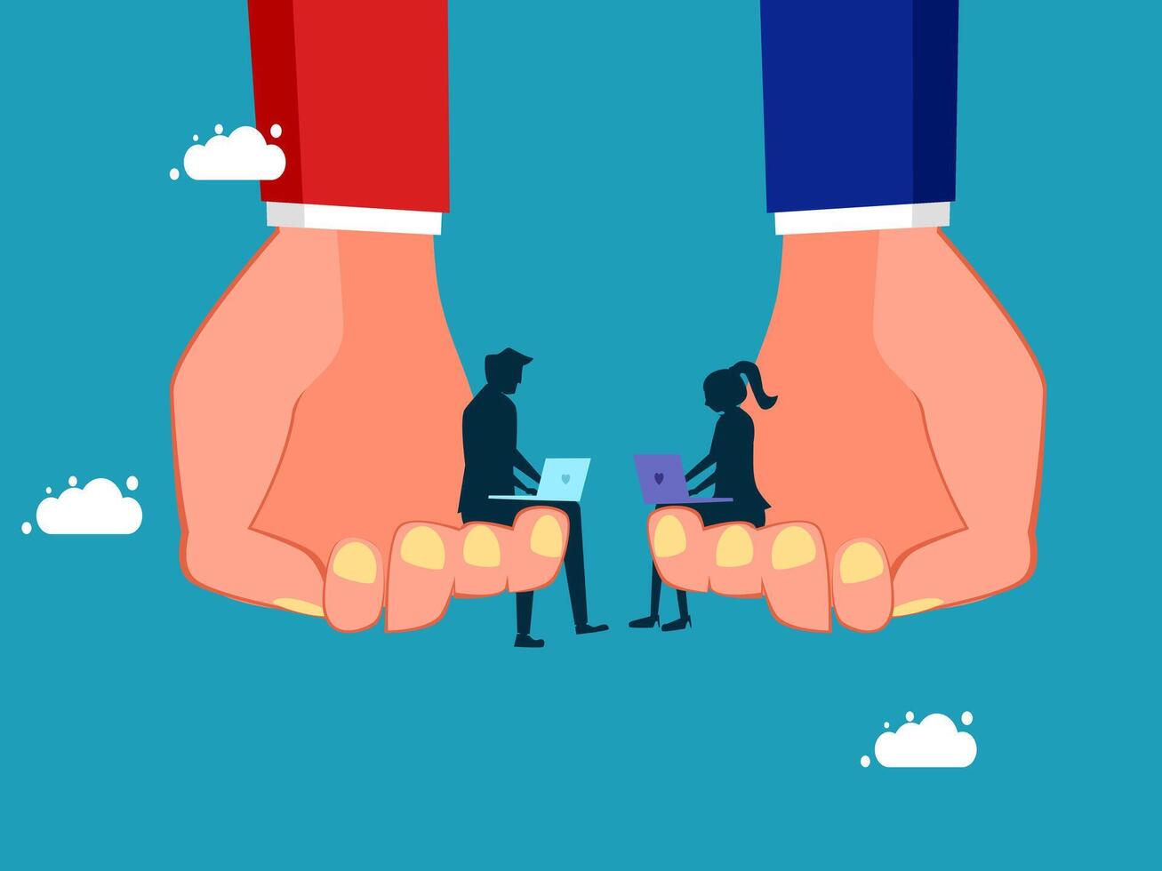 two people sitting on the hands of two people holding laptops vector