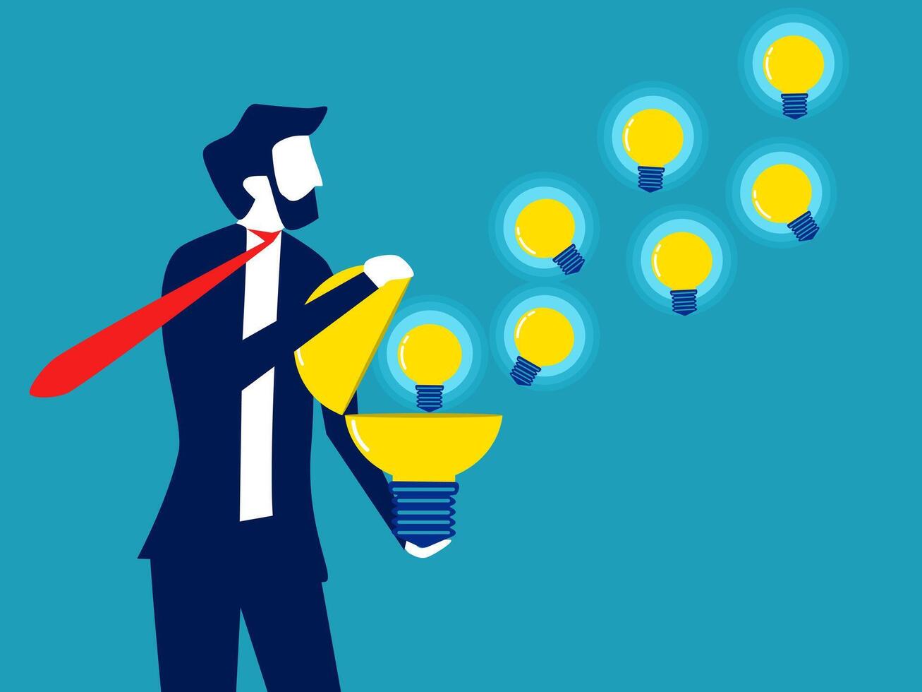 businessman with light bulb in hand and many light bulbs coming out vector