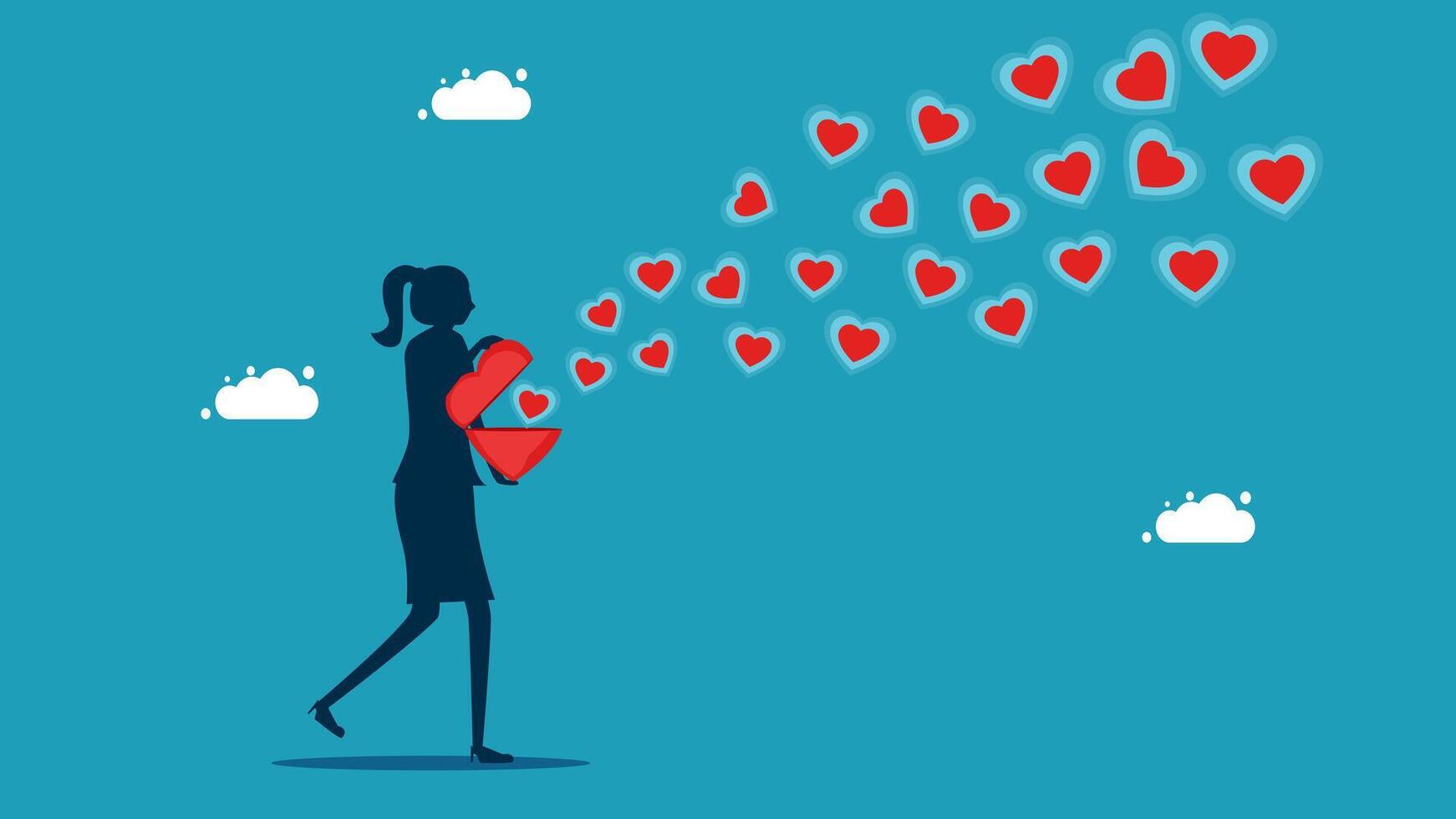 a woman is holding a heart shaped container with red hearts coming out vector