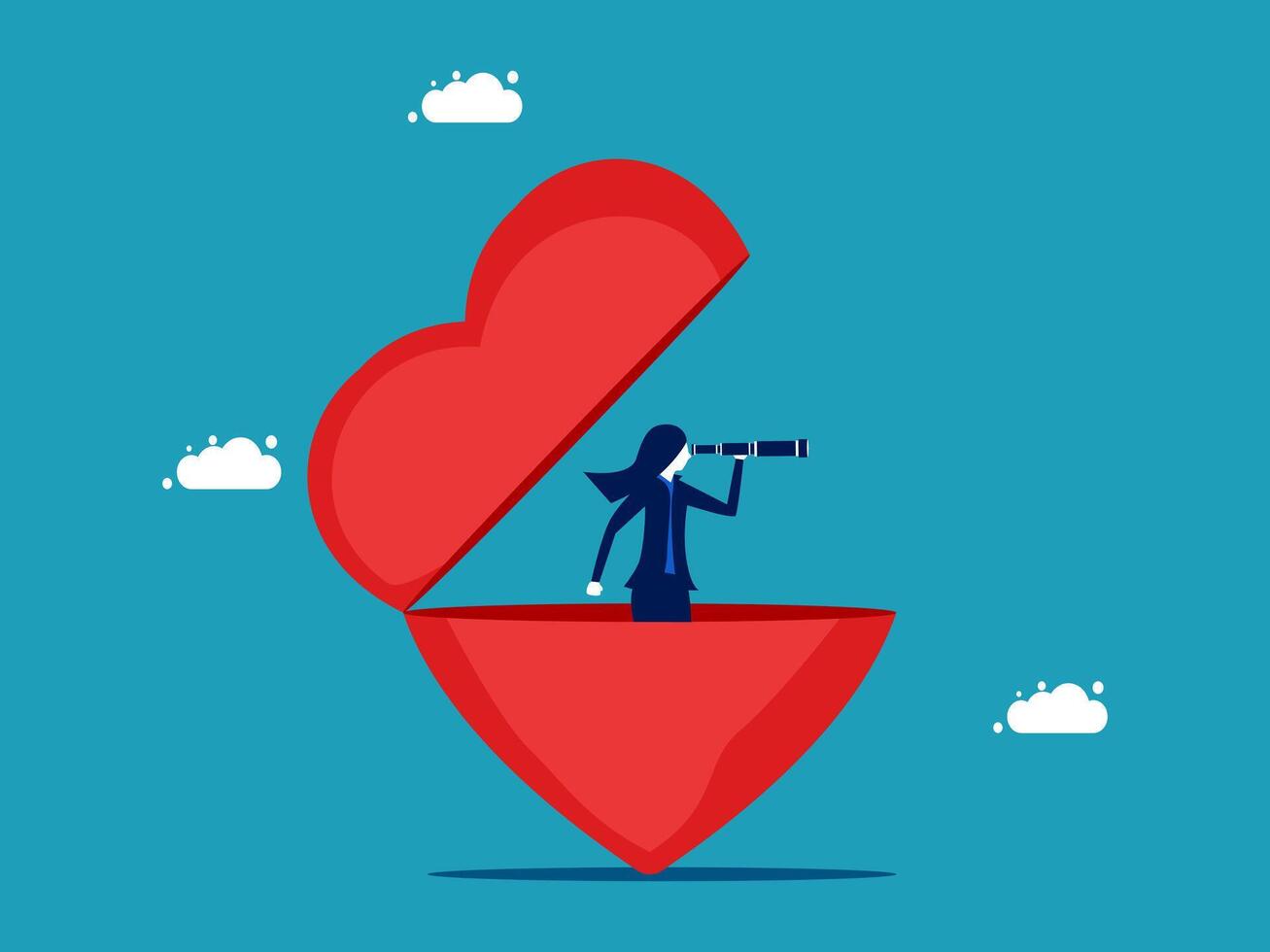 businesswoman looking through telescope in heart shape vector